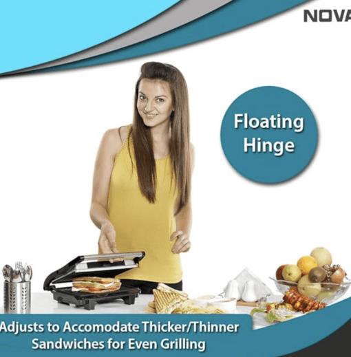 Nova NGS 2449 1000 Watt Panini Sandwich Grill Maker (Black/Grey), Plate Dimensions - 25.3 cm's Length / 17.8 cm's Width - Image 2